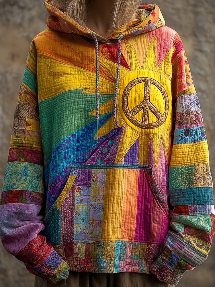 Vintage Hippie Peace Colored Patchwork Cozy Hoodie