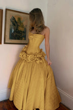 Cocoslly Strapless Sleeveless High Waist Long A Line Prom Dress With Flowers | Nude Pink Satin YC0415