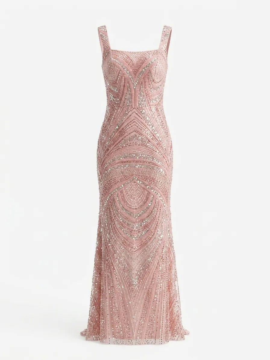 Light Pink Sequin Square Neck Sleeveless Mermaid Floor-length Gown Dress