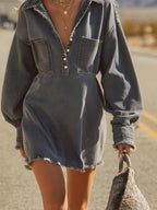 Retro Casual Western Lapel Button-front Gray Washed Denim Mini Dress
