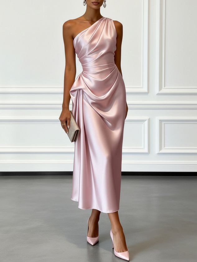 Champagne Ruched Satin One Shoulder Sleeveless Sheath Midi Dress