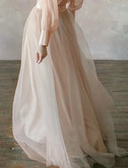 Cocoslly High Neck Long Sleeves High Waist Long Prom Dress | Blushing Pink Tulle LR0409