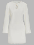 White Faux Pearl Cut Out Classic Crew Neck Long Sleeve Sheath Mini Dress