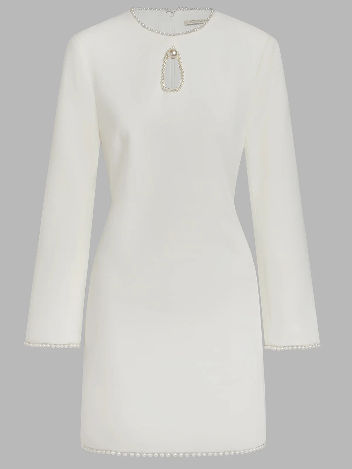 White Faux Pearl Cut Out Classic Crew Neck Long Sleeve Sheath Mini Dress