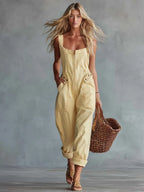Casual Retro Square Neck Front Zipper Light Yellow Denim Jumpsuit