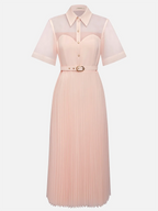 Pink Pleated Classic Shirt Collar Short Sleeve A-Line Midi Dress