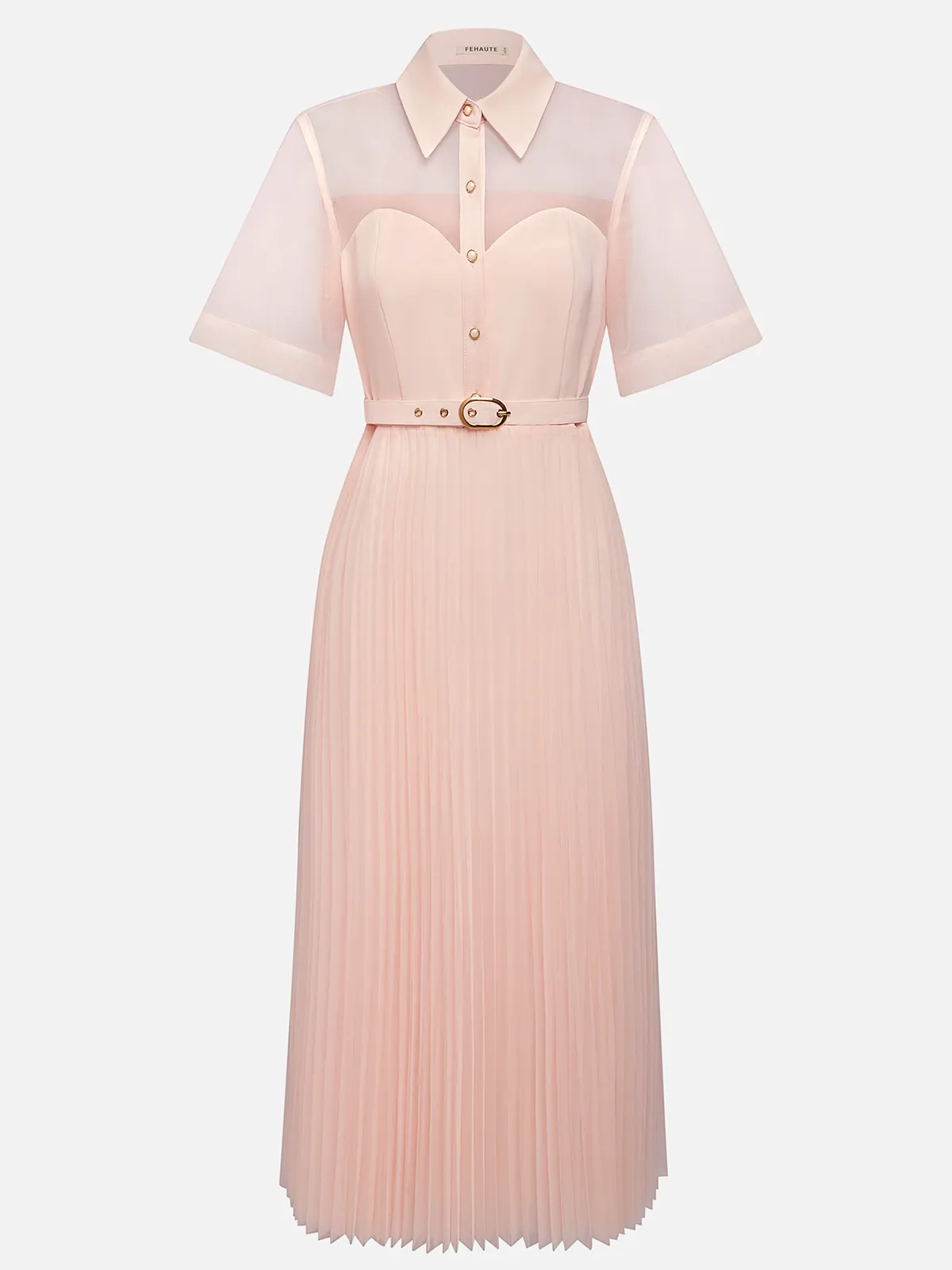 Pink Pleated Classic Shirt Collar Short Sleeve A-Line Midi Dress