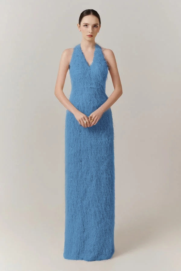 Cocoslly Halter Sleeveless High Waist Long Prom Dress With Tassel | Blushing Pink Feather JZ0095