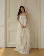Cocoslly Spaghetti Straps Sleeveless High Waist Long Prom Dress With Ruffles | White Chiffon CO0181