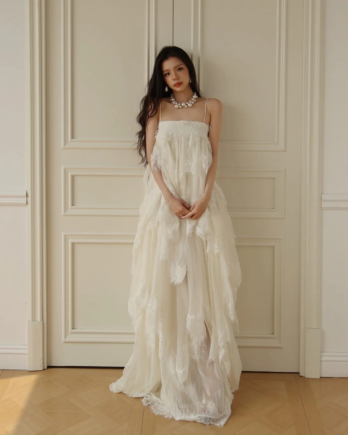 Cocoslly Spaghetti Straps Sleeveless High Waist Long Prom Dress With Ruffles | White Chiffon CO0181