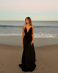 Cocoslly Spaghetti Straps V-Neck Sleeveless High Waist Long Prom Dress | Black Chiffon CO0048