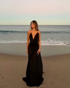 Cocoslly Spaghetti Straps V-Neck Sleeveless High Waist Long Prom Dress | Black Chiffon CO0048