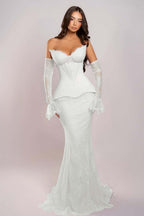 Cocoslly Strapless Sleeveless Long Mermaid Prom Dress With Embroidered And Gloves | Pink Satin And Lace ZA0398