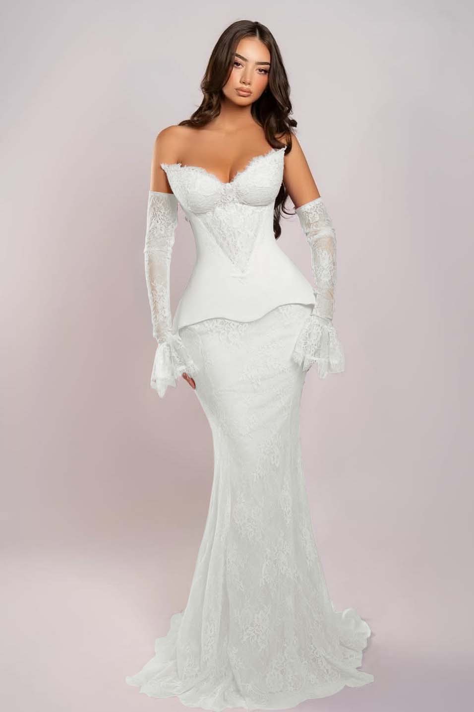Cocoslly Strapless Sleeveless Long Mermaid Prom Dress With Embroidered And Gloves | Pink Satin And Lace ZA0398