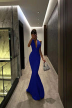 Halter V Neck Sleeveless Long Mermaid Prom Dress With Pleated YK0104