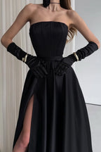 Black Strapless Sleeveless Long Split Pleated Prom Dress With Gloves YS0021