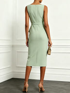 Sage Green Ruched Classic Boat Neck Sleeveless Sheath Midi Dress