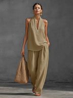 Casual Urban Style White Linen V-neck Sleeveless Top And Wide Leg Pants Set