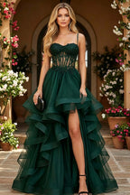 Cocoslly Spaghetti Straps Sleeveless High Waist Long Prom Dress With Beading Pearls And Split | Black Tulle LR0136