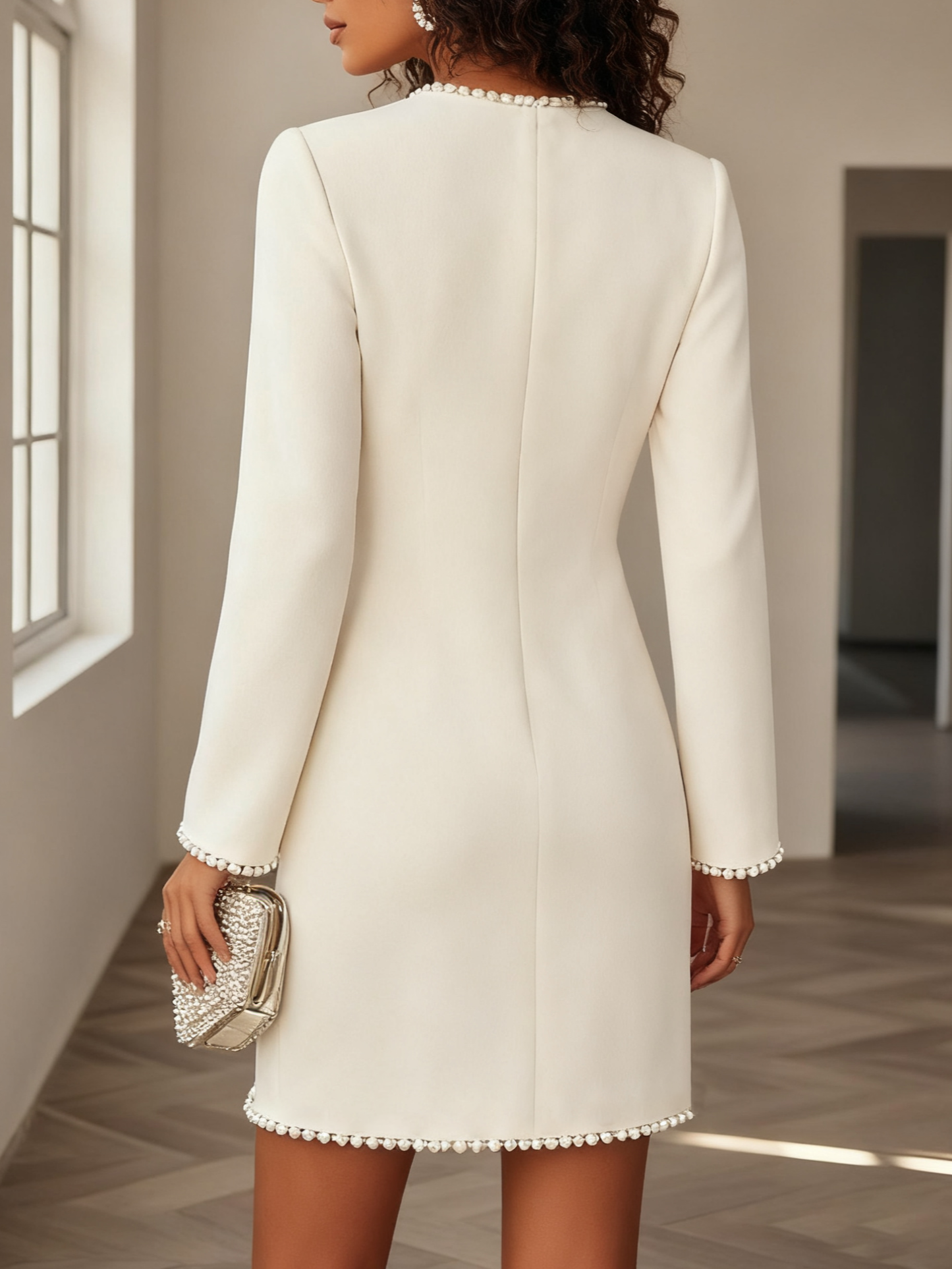 White Faux Pearl Cut Out Classic Crew Neck Long Sleeve Sheath Mini Dress