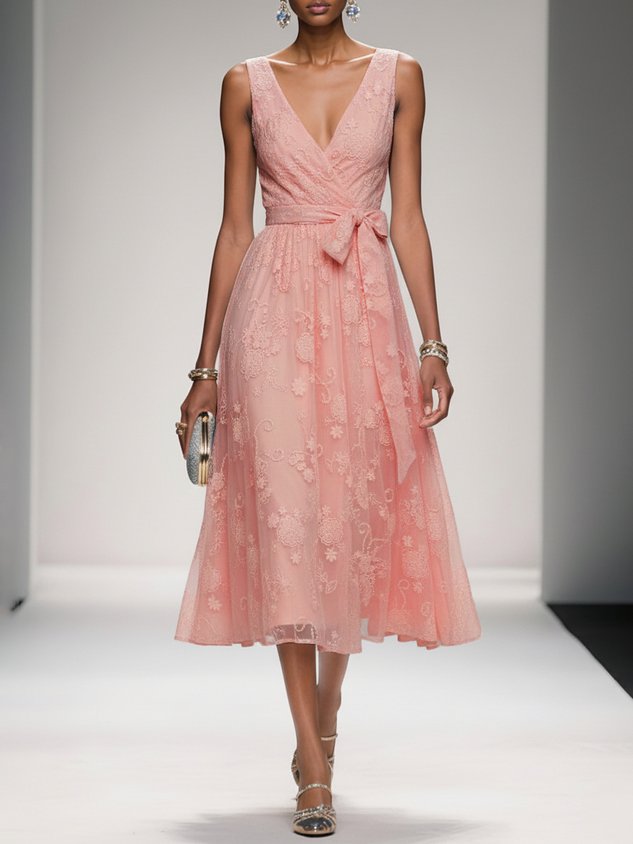 Light Pink Bow Embroidery Classic V Neck Sleeveless A-Line Midi Dress With Pockets