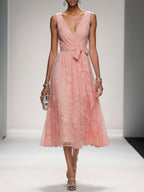Deep Pink Bow Embroidery Classic V Neck Sleeveless A-Line Midi Dress With Pockets