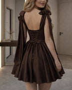 Cocoslly Strapless Sleeveless High Waist Short Prom Dress With Bow | Brown Satin CO0038