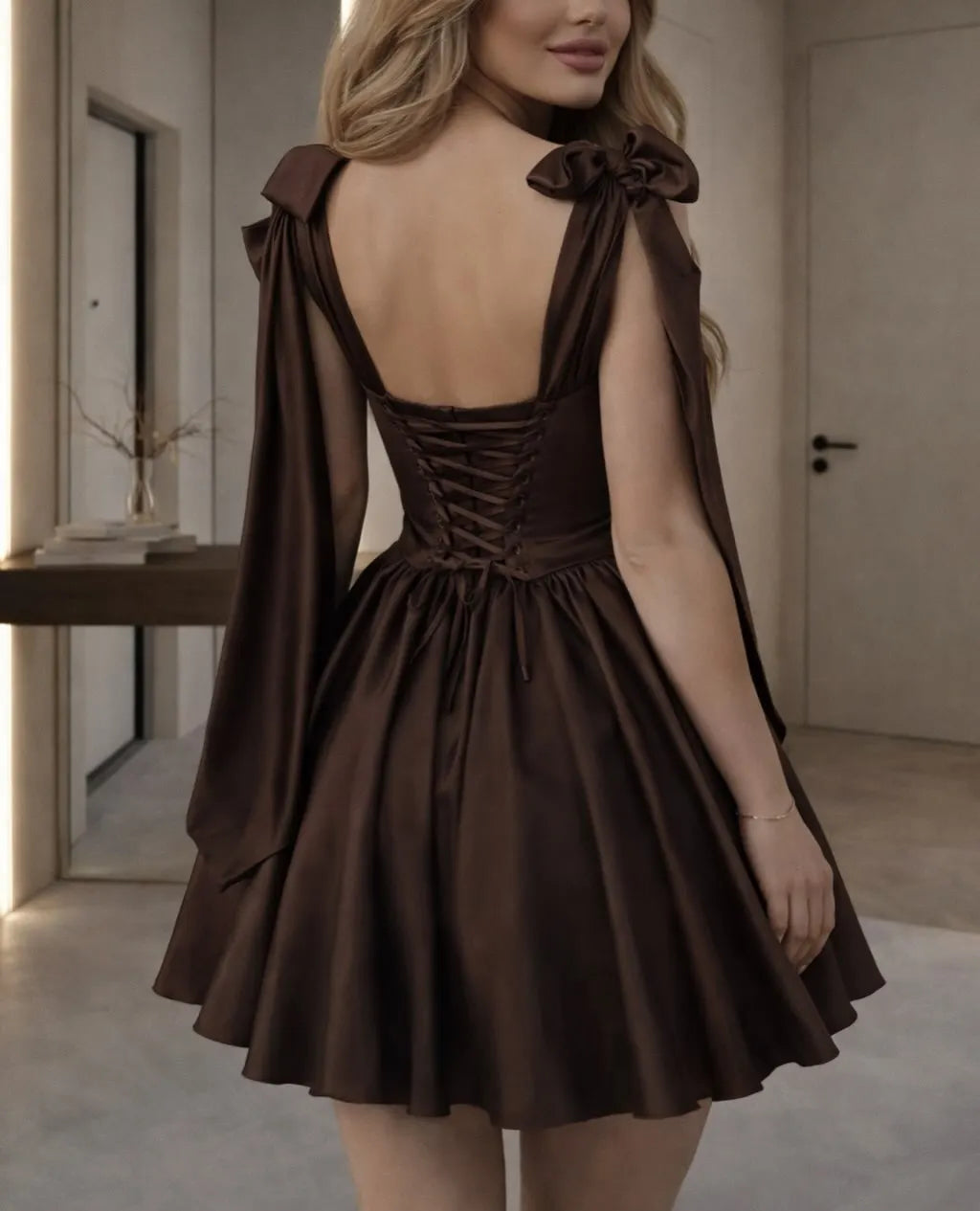 Cocoslly Strapless Sleeveless High Waist Short Prom Dress With Bow | Brown Satin CO0038