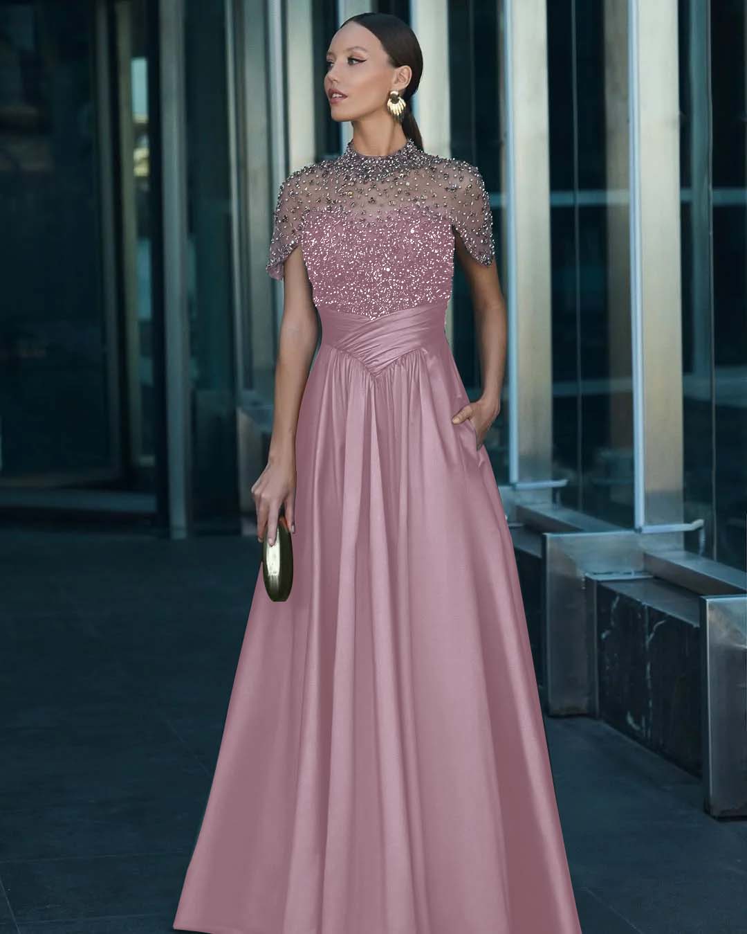 Tulle And Satin High-Neck Short Sleeves Long A-Line Pleated Prom Dress With Pockets And Beadings YK0542