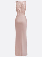 Purplish Blue Embroidery Satin Crew Neck Sleeveless Sheath Gown Dress