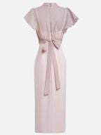 Women Pink Mock Neck Short Sleeve Dressy Dress With Top Two-Piece Set