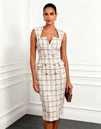 White Buckle Tweed Blazer Notched Sleeveless Sheath Midi Dress