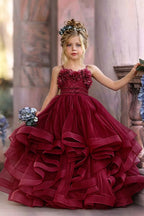 Cocoslly Spaghetti Straps  Sleeveless Flower Girl Dress With Appliques And Rhinstone | Dusty Blue Tulle FL0020