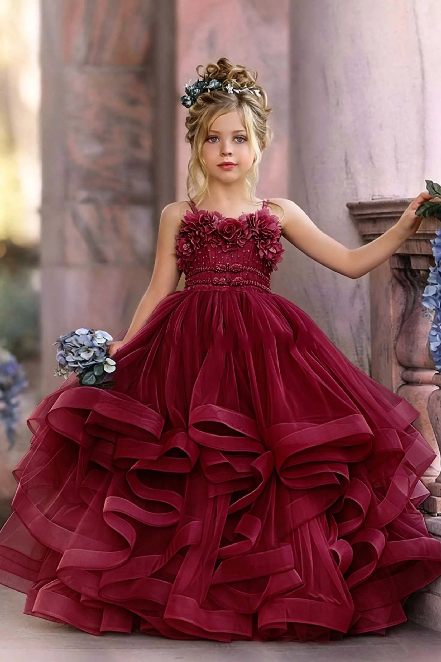 Cocoslly Spaghetti Straps  Sleeveless Flower Girl Dress With Appliques And Rhinstone | Dusty Blue Tulle FL0020
