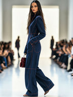 Casual Loose Retro Red Topstitched Denim Wide Leg Long Sleeve Jumpsuit