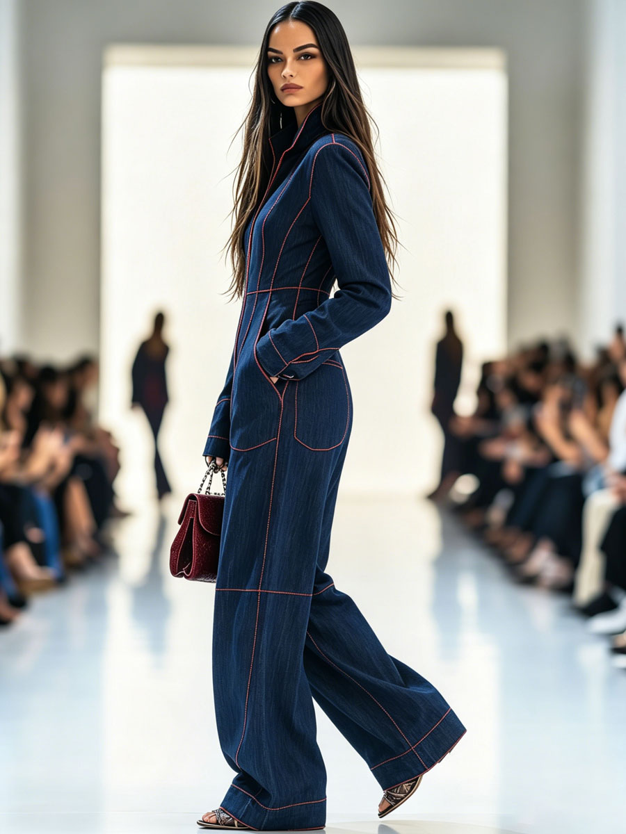 Casual Loose Retro Red Topstitched Denim Wide Leg Long Sleeve Jumpsuit