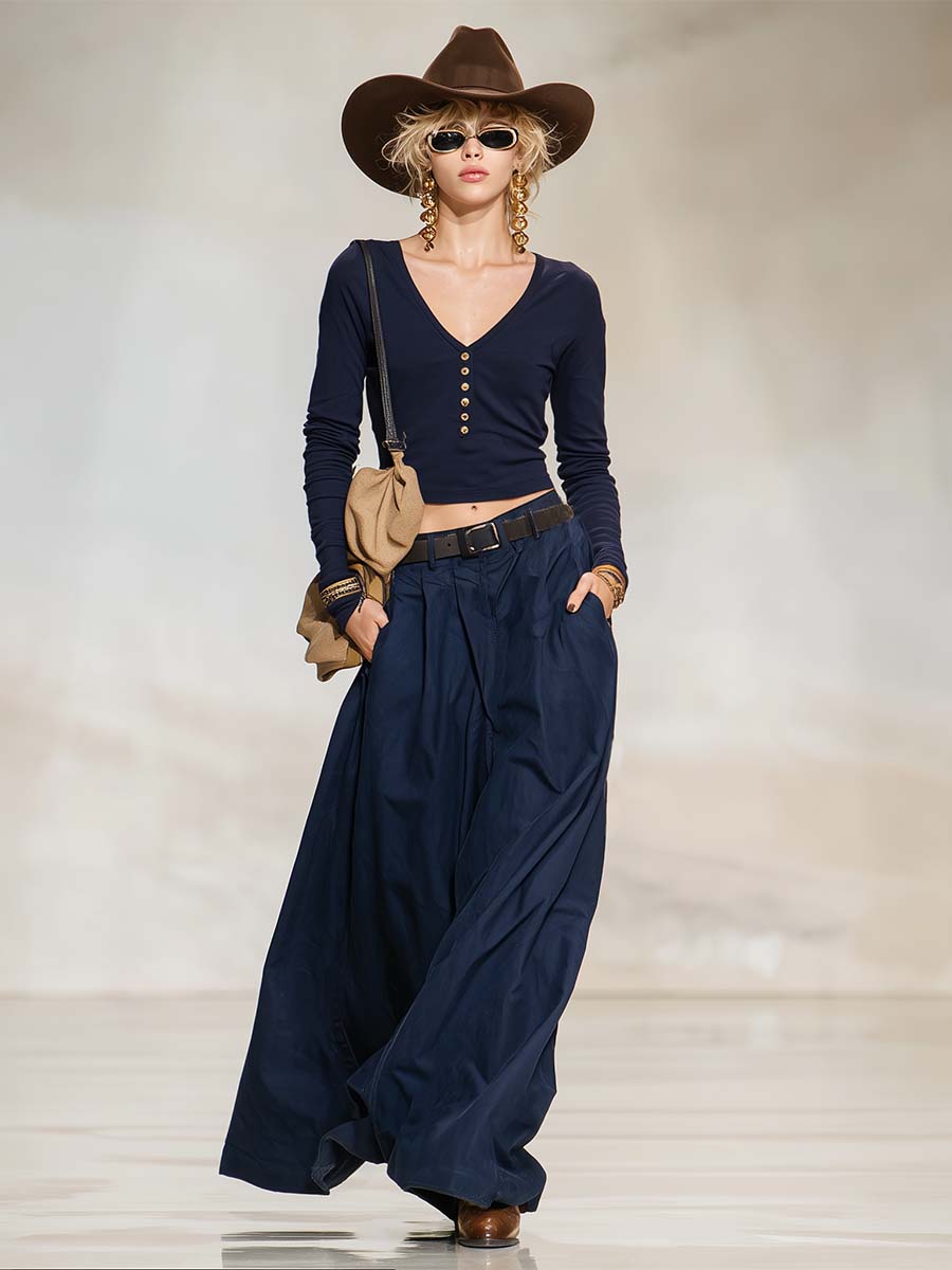 Retro Casual Navy V-Neck Henley Long-Sleeve Tee And Pleated Wide-Leg Cotton Pants Set