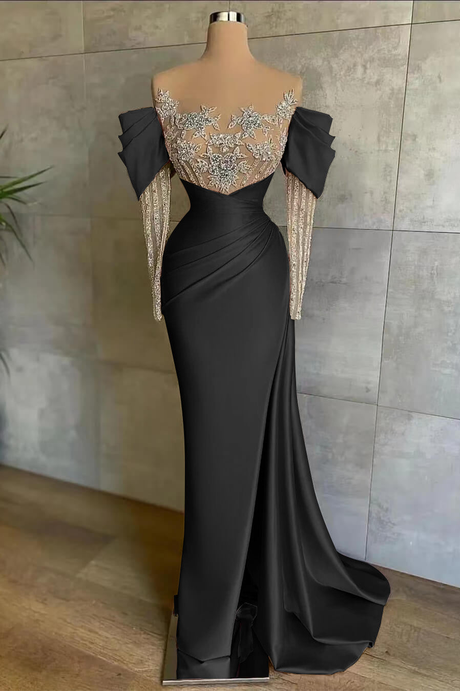 Cocoslly Off-The-Shoulder Long Lace Sleeves Long Split Mermaid Prom Dress With Beaded Applique Embroidery | Pink Satin ED0148