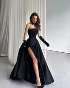 Cocoslly Strapless Sleeveless High Waist Long Prom Dress With Split And Gloves | Black Satin ZT0723