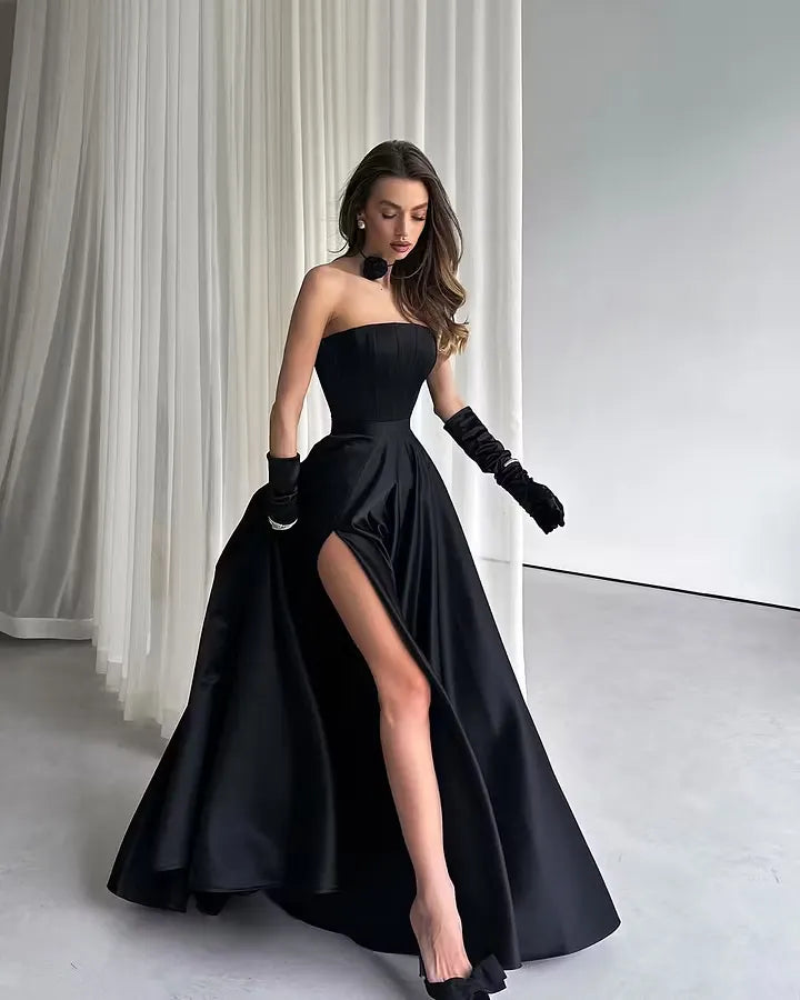 Cocoslly Strapless Sleeveless High Waist Long Prom Dress With Split And Gloves | Black Satin ZT0723