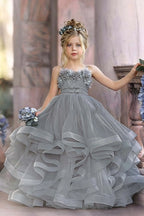 Cocoslly Spaghetti Straps  Sleeveless Flower Girl Dress With Appliques And Rhinstone | Dusty Blue Tulle FL0020