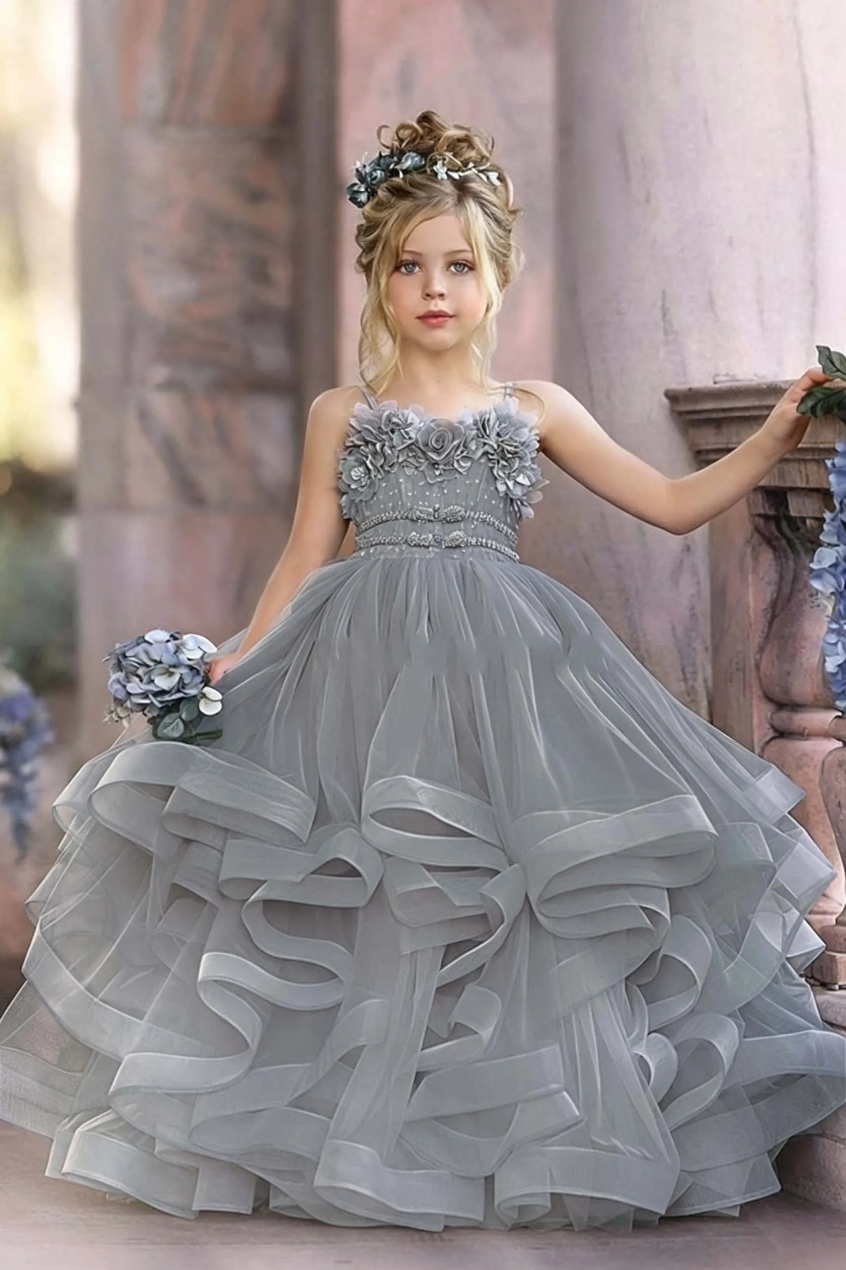 Cocoslly Spaghetti Straps  Sleeveless Flower Girl Dress With Appliques And Rhinstone | Dusty Blue Tulle FL0020
