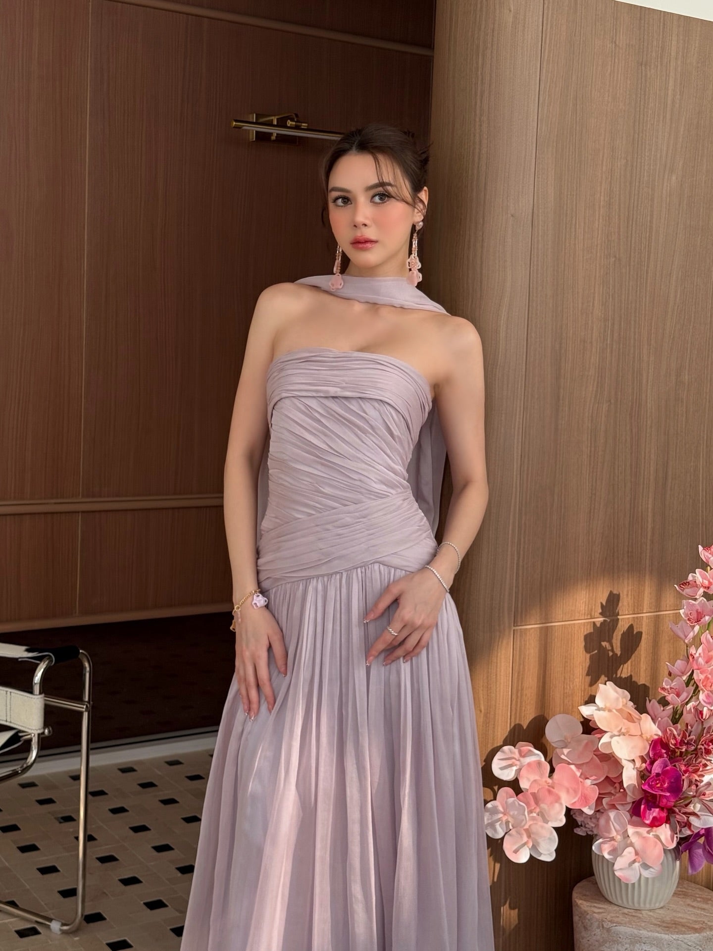 Cocoslly Strapless Sleeveless High Waist Long Prom Dress With Scarf | Lilac Chiffon CO0104