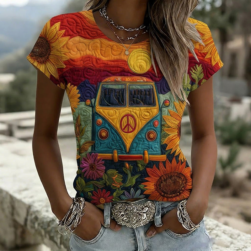 Women's Retro Colorful Hippie Pattern Crew Neck Short Sleeve T-shirt