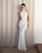 Cocoslly Halter Sleeveless High Waist Backless Long Mermaid Prom Dress | Pink Satin WT0121