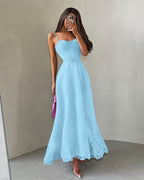 Cocoslly Spaghetti Straps Sleeveless High Waist Long A Line Prom Dress | Black Satin YK1293