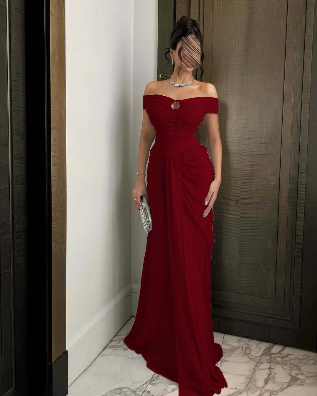 Chiffon Off-The-Shoulder Strapless Sleeveless Long Mermaid Prom Dress With Ruffles And Pleated YK0784