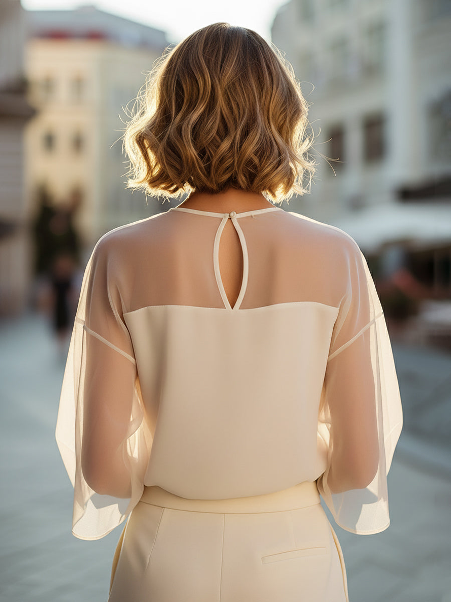 Sheer Panel Round Neck Loose Fit Blouse