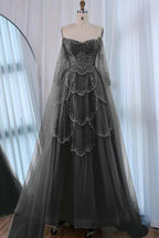 Tulle Strapless Sleeveless High Waist Long A-Line Prom Dress With Beadings And Ruffles WQ0557