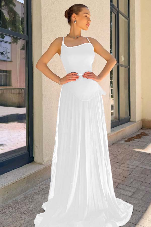 Spaghetti Strap Sleeveless Long Prom Dress With Pleated Sequins WQ0188